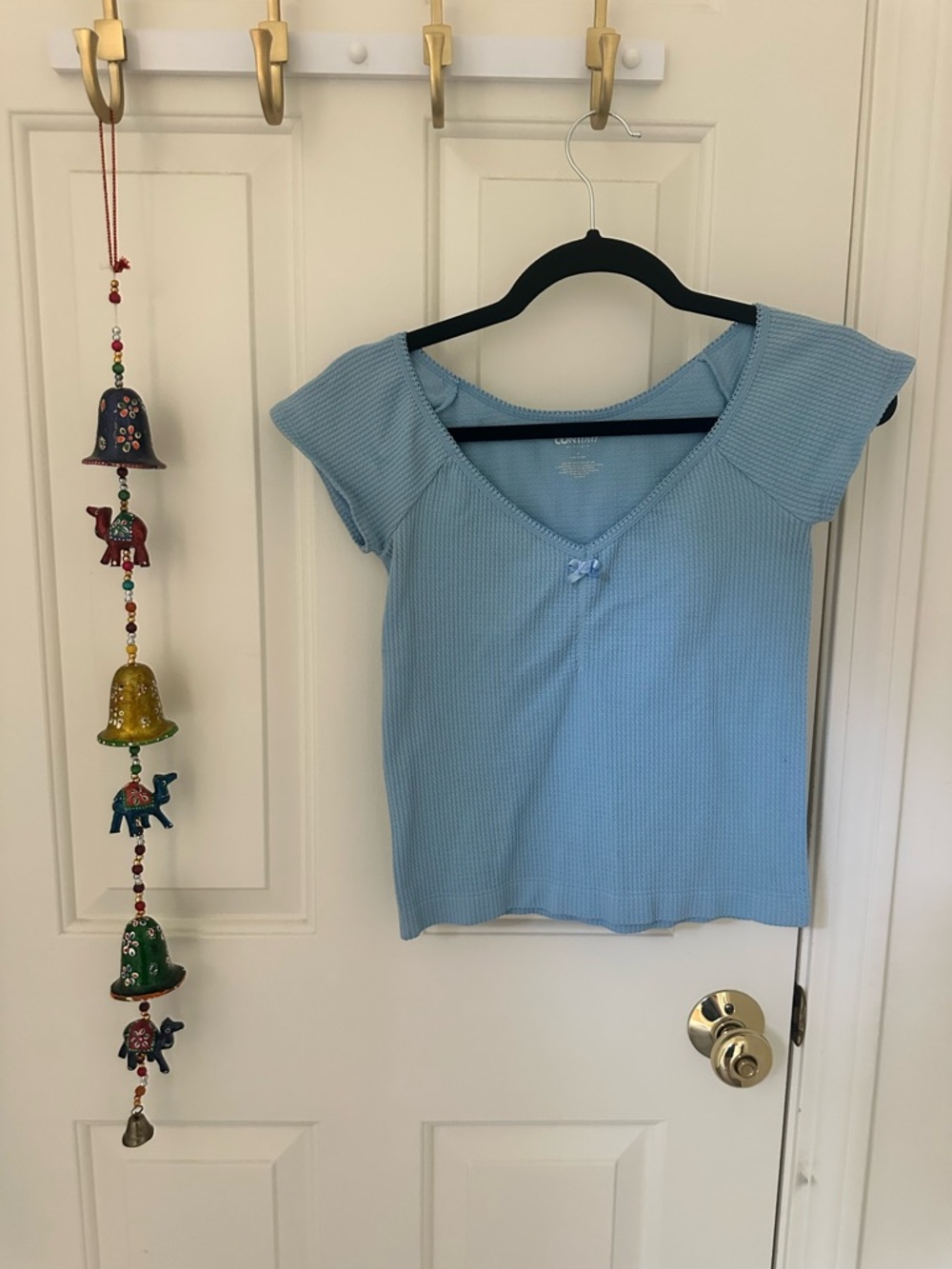 PacSun Sky Blue Ribbed V-Neck Short Sleeve Top with Bow